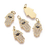 316 Surgical Stainless Steel Charms, with Rhinestone and Jump Rings, Hamsa Hand/Hand of Fatima/Hand of Miriam, Golden, Crystal, 14x8x1.5mm, Hole: 2.5mm(STAS-F256-025B-G)