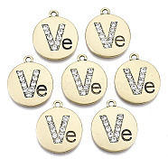 Alloy Pendants, with Rhinestone, Cadmium Free & Nickel Free & Lead Free, Flat Round with Ve, Antique Golden, 23x19x2mm, Hole: 2mm(PALLOY-S125-059AG-NR)