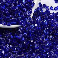 Glass Seed Beads, Silver Lined, Square, Medium Blue, 3~3.5x2.5~3x2.5~3mm, Hole: 1mm, about 10714pcs/pound(SEED-M011-01B-10)