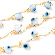 3.28 Feet Handmade Golden Brass Bar Link Chains, with Glass Charms, Soldered, Long-Lasting Plated, Round with Evil Eye, Deep Sky Blue, 14.5x1x1mm(X-CHC-I038-16G)