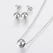 304 Stainless Steel Jewelry Sets, Pendant Necklaces and Stud Earrings, Round, Stainless Steel Color, 17.71 inches(45cm), 19x8mm, Pin: 0.8mm(SJEW-H122-03P)