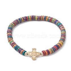 Polymer Clay Disc Heishi Surfer Stretch Bracelets, Alloy Cross Preppy Bracelet, Colorful, Inner Diameter: 2-3/8 inch(6cm)(BJEW-JB09835)