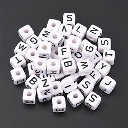 Large Hole Acrylic European Beads, Horizontal Hole, White & Black, Cube with Letter, Random Mixed Letters, 10x10x10mm, Hole: 4mm, about 564pcs/500g(SACR-Q103-10mm-01)