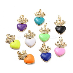 Brass Cubic Zirconia Pendants, with Enamel & Jump Ring, Real 18K Gold Plated, Long-Lasting Plated, Lead Free & Cadmium Free, Heart & Crown, Mixed Color, 25x14.5x4mm, Jump Ring: 5x0.7mm, Inner Diameter: 3.6mm(ZIRC-H122-01G)