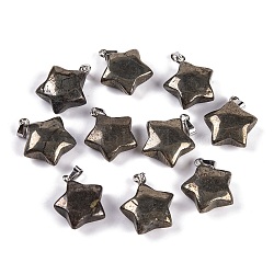 Natural Chalcopyrite Pendants, Star Charm with 201 Stainless Steel Snap on Bails, Stainless Steel Color, 20~21x17~19x7~8mm, Hole: 6x3mm(G-Q172-09P-03)