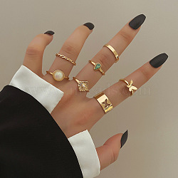 7Pcs Butterfly/Rhombus/Flat Round Alloy Resin Finger Rings, Golden, Inner Diameter: 15~19mm(FS-WG08CD1-06)