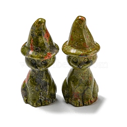 Natural Unakite Carved Healing Cat with Witch Hat Figurines, Reiki Energy Stone Display Decorations, 48~50x19~21mm(DJEW-D012-07H)