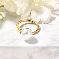 304 Stainless Steel Open Cuff Rings for Women, with Round Plastic Imitation Pearl, Ion Plating(IP), Golden, US Size 7 1/4(17.5mm)(RJEW-U036-01G-01)