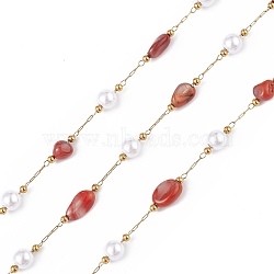 Natural Red Agate Nugget & Glass Imitation Pearl Beaded Chain, with Golden 304 Stainless Steel Satellite Chains, Unwelded, with Spool, 5~12x4~8x4~7mm, 6x5mm, 2.5x2mm, about 32.81 Feet(10m)/Roll(CHS-C006-02A)