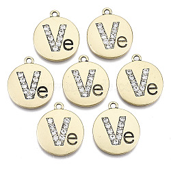 Alloy Pendants, with Rhinestone, Cadmium Free & Nickel Free & Lead Free, Flat Round with Ve, Antique Golden, 23x19x2mm, Hole: 2mm(PALLOY-S125-059AG-NR)