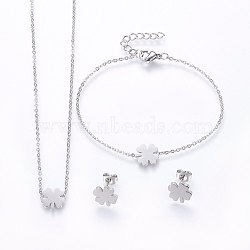 304 Stainless Steel Jewelry Sets, Pendant Necklaces & Stud Earrings & Bracelets, Clover, Stainless Steel Color, 16.54 inches(42cm); 7-1/8 inches(18cm); 10x10x1.2mm; Pin: 0.8mm(SJEW-H138-07P)