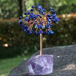 Natural Lapis Lazuli Chips Tree Decorations, Ntural Fluorite Base with Copper Wire Feng Shui Energy Stone Gift for Home Office Desktop Decoration, 80x120mm(PW-WG91683-02)