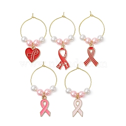 Awareness Ribbon Alloy Enamel Wine Glass Charm, with Pearlized Glass Pearl Bead and Brass Wine Glass Charm Rings, Mixed Color, 49~58mm, Inner Diameter: 24mm(AJEW-JO00215)