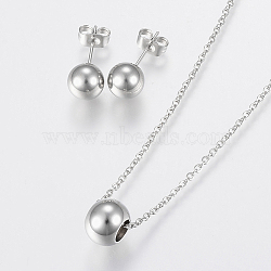 304 Stainless Steel Jewelry Sets, Pendant Necklaces and Stud Earrings, Round, Stainless Steel Color, 17.71 inch(45cm), 19x8mm, Pin: 0.8mm(SJEW-H122-03P)