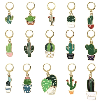 15Pcs Cactus Alloy Enamel Pendant Decorations, with 304 Stainless Steel Leverback Earring Findings, Mixed Color, 33~55mm