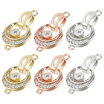  6Pcs 3 Colors Brass Fold Over Clasp with Crystal Rhinestone, Crescent Moon, Mixed Color, moon: 16.5x14x3.5mm, hole: 1.5mm, clasp: 12.5x4.5x5mm, hole: 1.8mm, 3 colors, 2 pcs/color, 6pcs