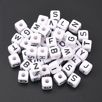 Large Hole Acrylic European Beads, Horizontal Hole, White & Black, Cube with Letter, Random Mixed Letters, 10x10x10mm, Hole: 4mm, about 564pcs/500g