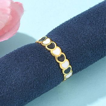 Heart 304 Stainless Steel Enamel Open Cuff Rings for Women, Real 18K Gold Plated, Black, 4.5mm, Adjustable