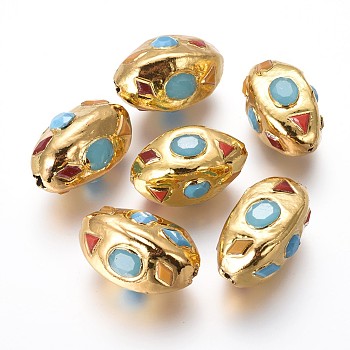 Glass Beads, with Golden Plated Brass Findings, Oval, Colorful, 32~35x20~23mm, Hole: 3.5mm