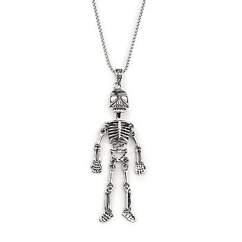 201 Stainless Steel Chain, Zinc Alloy Pendant Necklaces, Skull, Antique Silver & Stainless Steel Color, 23.43 inch(59.5cm)