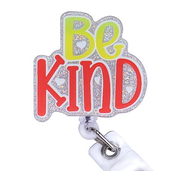 Glittered Plastic Retractable Badge Reel, Card Holders, with Iron Alligator Clips, Word Be Kind, Red, 91mm, Word: 46x47mm