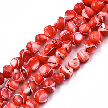 Natural Trochid Shell/Trochus Shell Beads Strands, Dyed, Nuggets, Red, 7~12x5~10x4~8mm, Hole: 1mm, about 60~64pcs/strand, 15.16 inch~15.75 inch(38.5~40cm)
