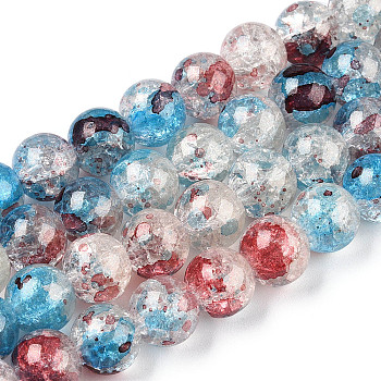 Baking Painted Crackle Glass Bead Strands, with Gold Powder, Round, Deep Sky Blue, 10mm, Hole: 1.4mm, about 80pcs/strand, 30.87 inch(78.4cm)