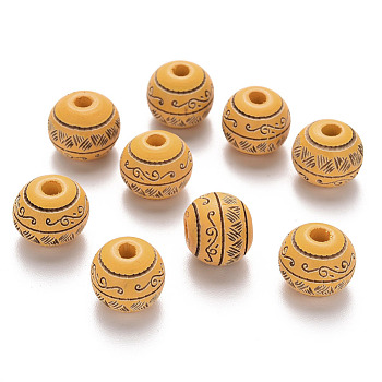 Painted Natural Wood Beads, Laser Engraved Pattern, Round with Leave Pattern, Gold, 10x9mm, Hole: 2.5mm