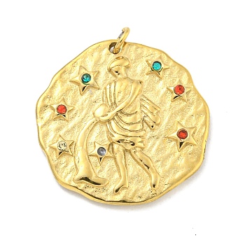 Real 18K Gold Plated PVD Vacuum Plating 304 Stainless Steel Pendants, with Rhinestone and Jump Ring, Flat Round with Constellations Charms, Aquarius, 20~21.8x20~21x2~3mm, Hole: 2mm