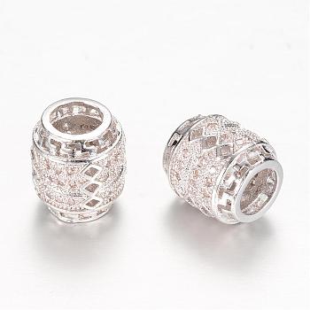 Brass Micro Pave Cubic Zirconia European Beads, Long-Lasting Plated, Barrel, Platinum, 10x9mm, Hole: 5mm