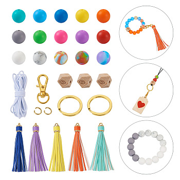DIY Keychain Wristlet Making Kit, Including Alloy Key Rings & Lobster Claw Clasps, Wood Octagon with Eye & Silicone Round Beads, Polyester Elastic Cord, PU Leather Big Tassel Pendants, Mixed Color, 108Pcs/bag