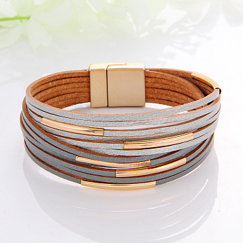 Two Tone Imitation Leather Multi-strand Bracelets for Women, with Golden Magnetic Clasps, WhiteSmoke, 7-5/8 inch(19.5cm)