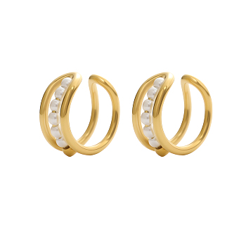 304 Stainless Steel & Shell Pearl Cuff Earrings for Women, Ion Plating(IP), Long-Lasting Plated, Real 14K Gold Plated, 16x7mm