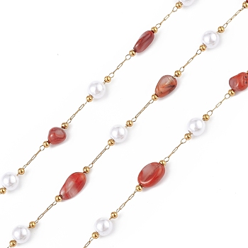 Natural Red Agate Nugget & Glass Imitation Pearl Beaded Chain, with Golden 304 Stainless Steel Satellite Chains, Unwelded, with Spool, 5~12x4~8x4~7mm, 6x5mm, 2.5x2mm, about 32.81 Feet(10m)/Roll