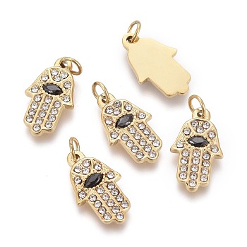 316 Surgical Stainless Steel Charms, with Rhinestone and Jump Rings, Hamsa Hand/Hand of Fatima/Hand of Miriam, Golden, Crystal, 14x8x1.5mm, Hole: 2.5mm