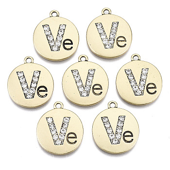 Alloy Pendants, with Rhinestone, Cadmium Free & Nickel Free & Lead Free, Flat Round with Ve, Antique Golden, 23x19x2mm, Hole: 2mm
