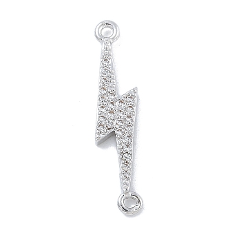 Rack Plating Brass Micro Pave Clear Cubic Zirconia Lightning Bolt Connector Charms, Long-Lasting Plated, Cadmium Free & Lead Free, Platinum, 28x6.5x2mm, Hole: 1.4mm