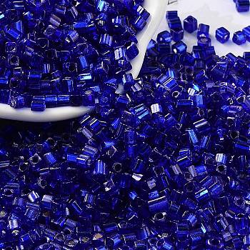 Glass Seed Beads, Silver Lined, Square, Medium Blue, 3~3.5x2.5~3x2.5~3mm, Hole: 1mm, about 10714pcs/pound