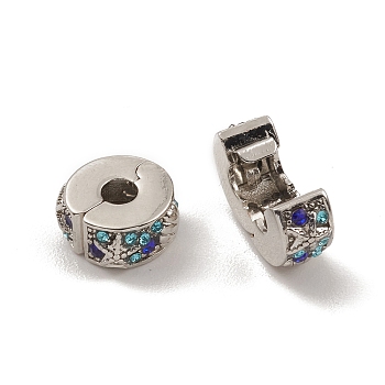 Alloy European Clasps, with Colorful Rhinestone, Flat Round, Platinum, 11x5.5mm, Hole: 3.2mm