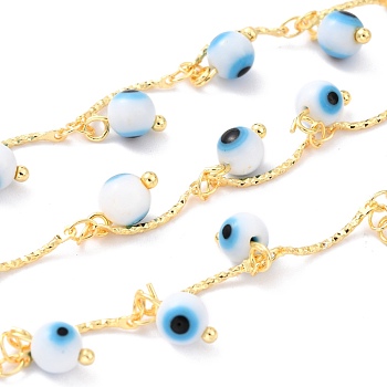3.28 Feet Handmade Golden Brass Bar Link Chains, with Glass Charms, Soldered, Long-Lasting Plated, Round with Evil Eye, Deep Sky Blue, 14.5x1x1mm