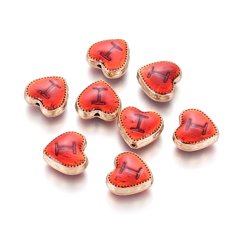 Golden Plated Alloy Beads, with Enamel, Heart with Letter I, Red, 12x13x5.5mm, Hole: 1mm
