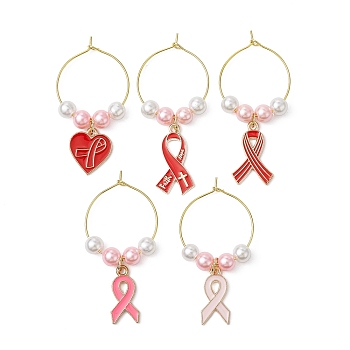 Awareness Ribbon Alloy Enamel Wine Glass Charm, with Pearlized Glass Pearl Bead and Brass Wine Glass Charm Rings, Mixed Color, 49~58mm, Inner Diameter: 24mm