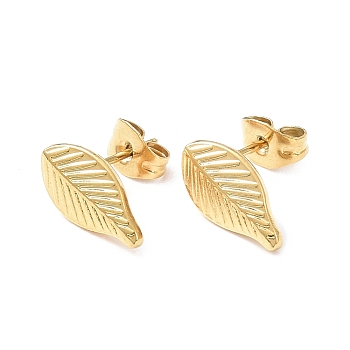 Ion Plating(IP) 304 Stainless Steel Leaf Stud Earrings for Women, Golden, 12.8x7mm, Pin: 0.8mm