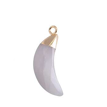 Natural White Jade Pendants, Faceted Moon Charms, with Golden Plated Brass Findings, 25x10mm
