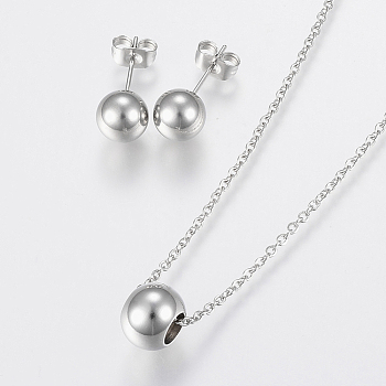 304 Stainless Steel Jewelry Sets, Pendant Necklaces and Stud Earrings, Round, Stainless Steel Color, 17.71 inch(45cm), 19x8mm, Pin: 0.8mm