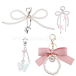 4Pcs 4 Styles Bowknot Alloy & Plastic Pearl & Acrylic Butterfly Pendant Decorations, for Bag Accessories, Mixed Color, 132mm, Pendant: 62~96mm, 1pc/style(KEYC-GA0001-41)
