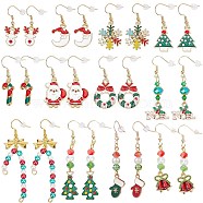 12 Pairs 12 Style Christmas Theme Alloy Dangle Earrings, Moon & Stag & Tree & Wreath with Bowknot & Candy Cane & Santa Claus & Snowflake Glove & Christmas Bell, Mixed Color, 35~69mm, Pin: 0.5~0.8mm, 1pair/style(EJEW-SC0001-33)