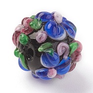 Handmade Lampwork Beads, Rondelle with Flower, Bumpy, Blue, 14~15x12~13mm, Hole: 1.5~1.8mm(LAMP-P051-H02)