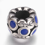 304 Stainless Steel European Beads, with Enamel, Large Hole Beads, Rondelle, Blue, Antique Silver, 11x8mm, Hole: 5mm(STAS-O101-03AS-02)