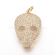 Brass Micro Pave Cubic Zirconia Pendants, with Jump Rings, Skull, Golden, 28x18.5x4mm, Hole: 3mm(ZIRC-Q013-22G)